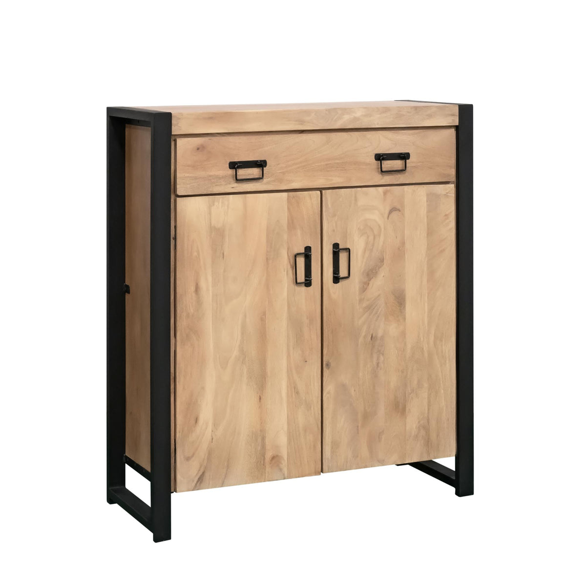 Kast met twee deuren en bovenlade van hout, zwarte zijpanelen en metalen grepen