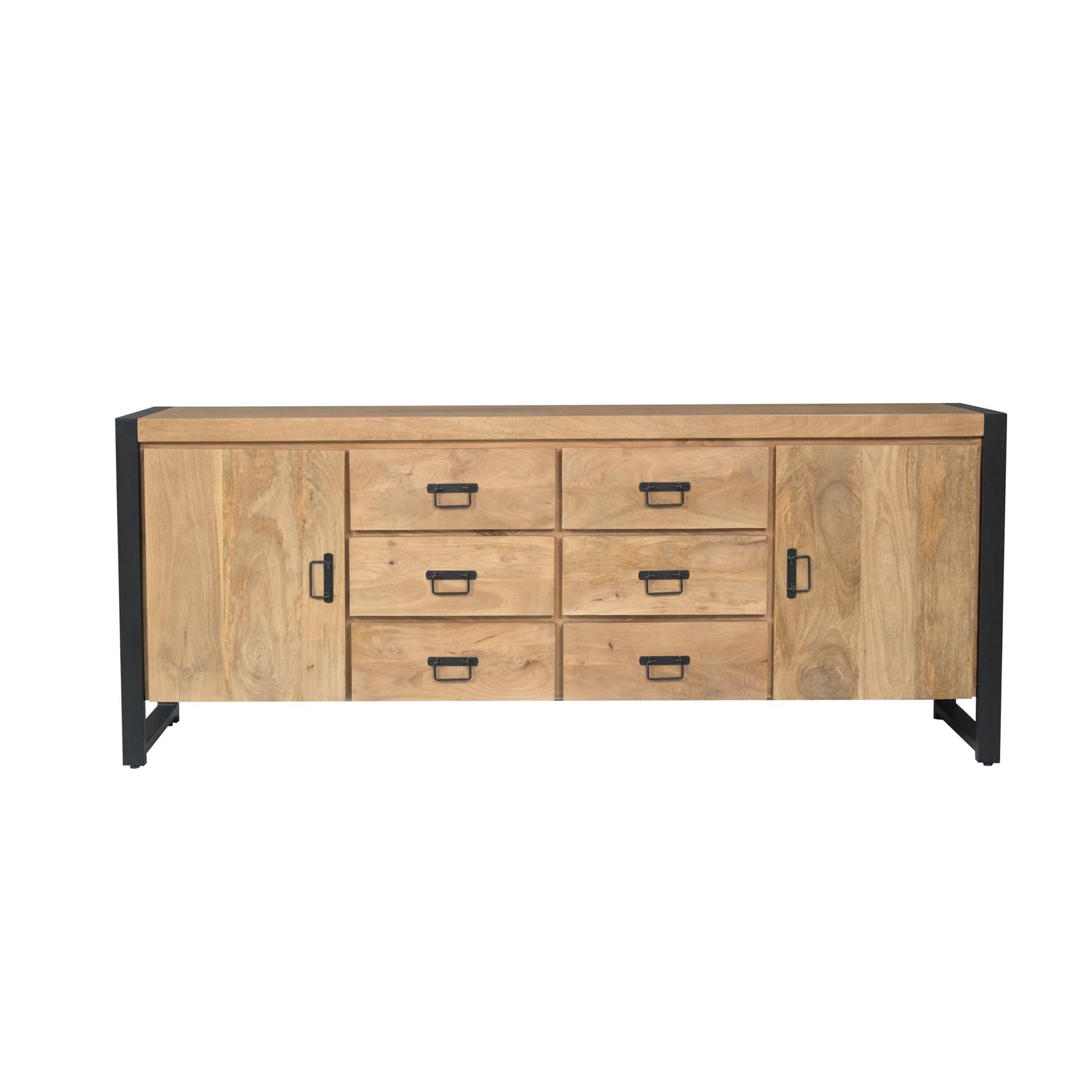Dressoir Britt van licht eikenlook met 3 lades, 2 kastdeuren en zwarte poten