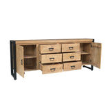 Dressoir Britt met open vakken links, lades en deuren; licht eikenlook met zwart onderstel