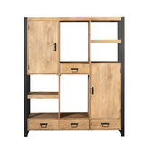 Vakkenkast van licht hout-look met zwarte poten, met vakken en lades.