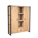 Boekenkast met open middenvak, twee deuren en onderlade, eikenlook hout met zwart frame