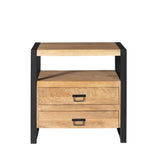 Houten ladekast met zwarte metalen frame, twee lades en open bovenvak.