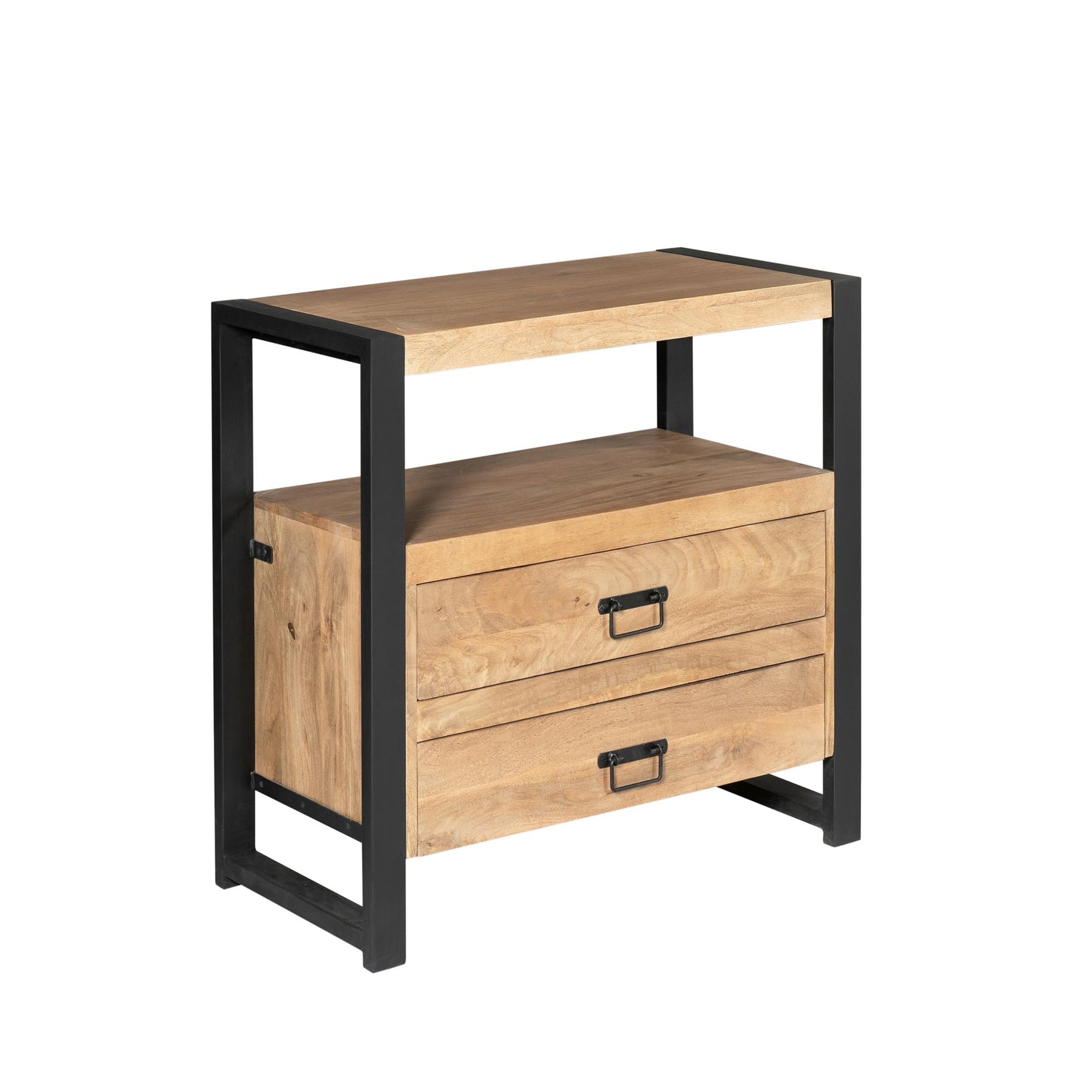 Ladekast met zwart frame, open plank en bovenste lade met metalen greep.