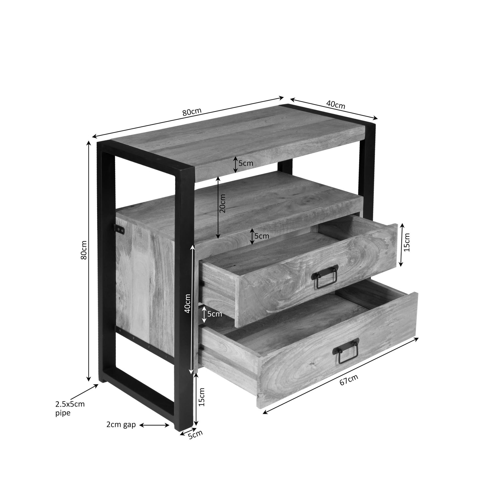 Ladekast met zwart frame, twee lades en open vak; afmetingen in schema.
