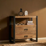 Houten ladekast met zwart frame, twee lades en open vak voor accessoires.