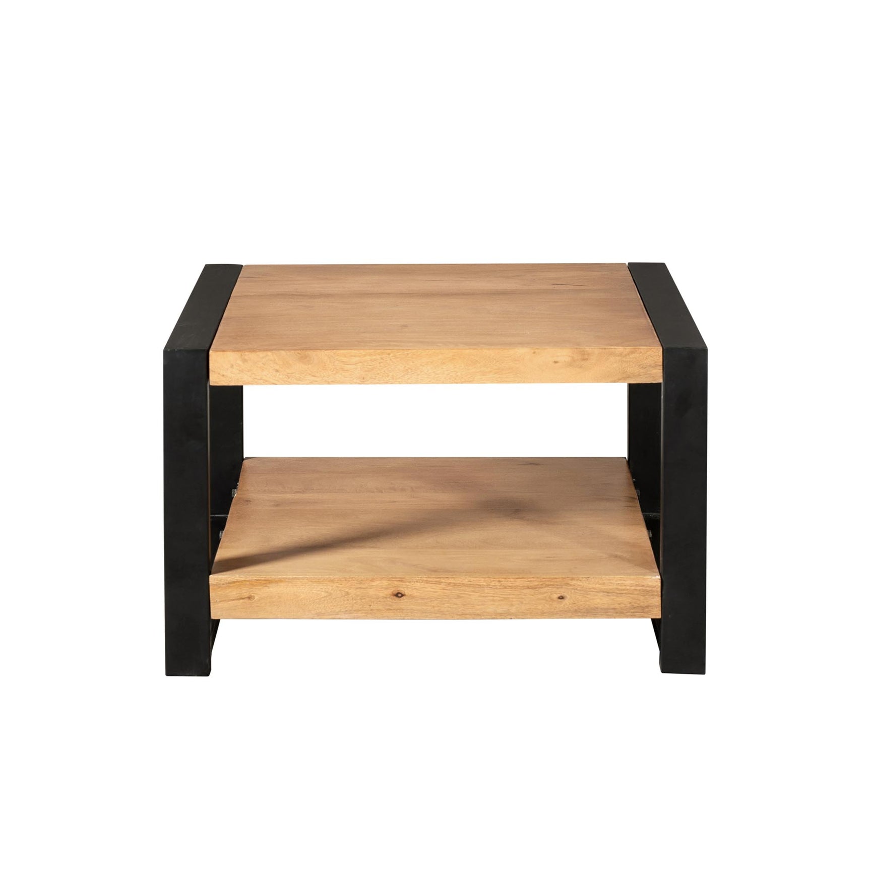 Vierkante salontafel met zwart frame en licht eiken houten blad en tussenplank