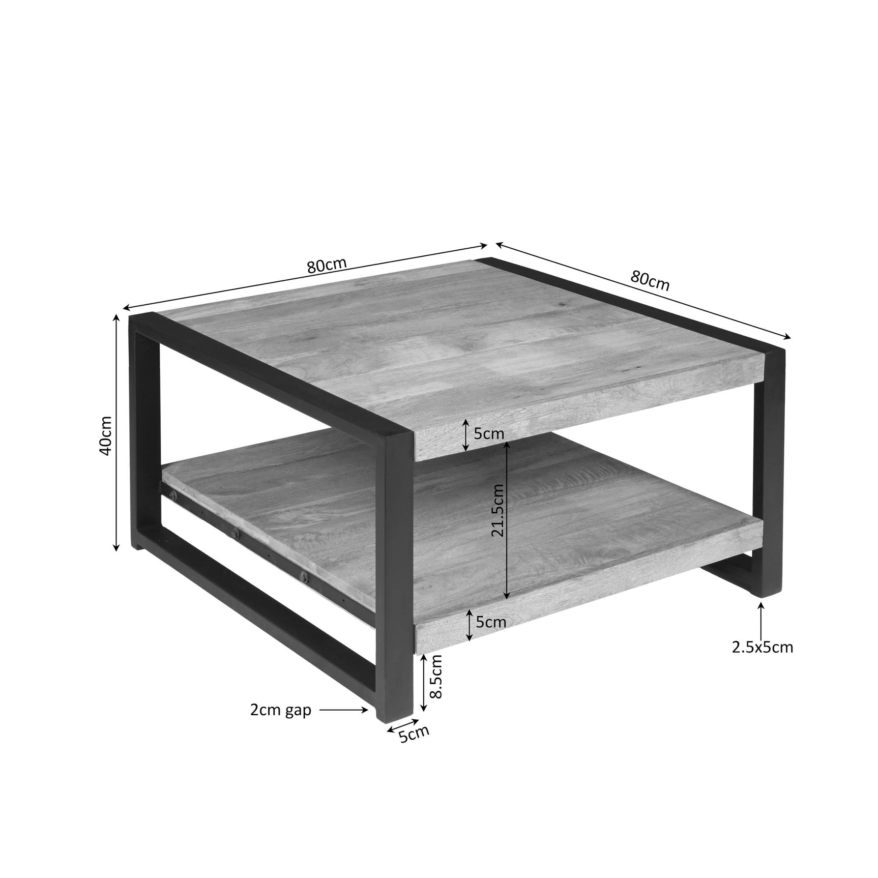Salontafel met afmetingen 80x80 cm, zwart frame en twee houten planken