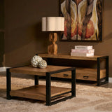 Salontafel met licht eiken blad, zwart frame en open opbergruimte met plank