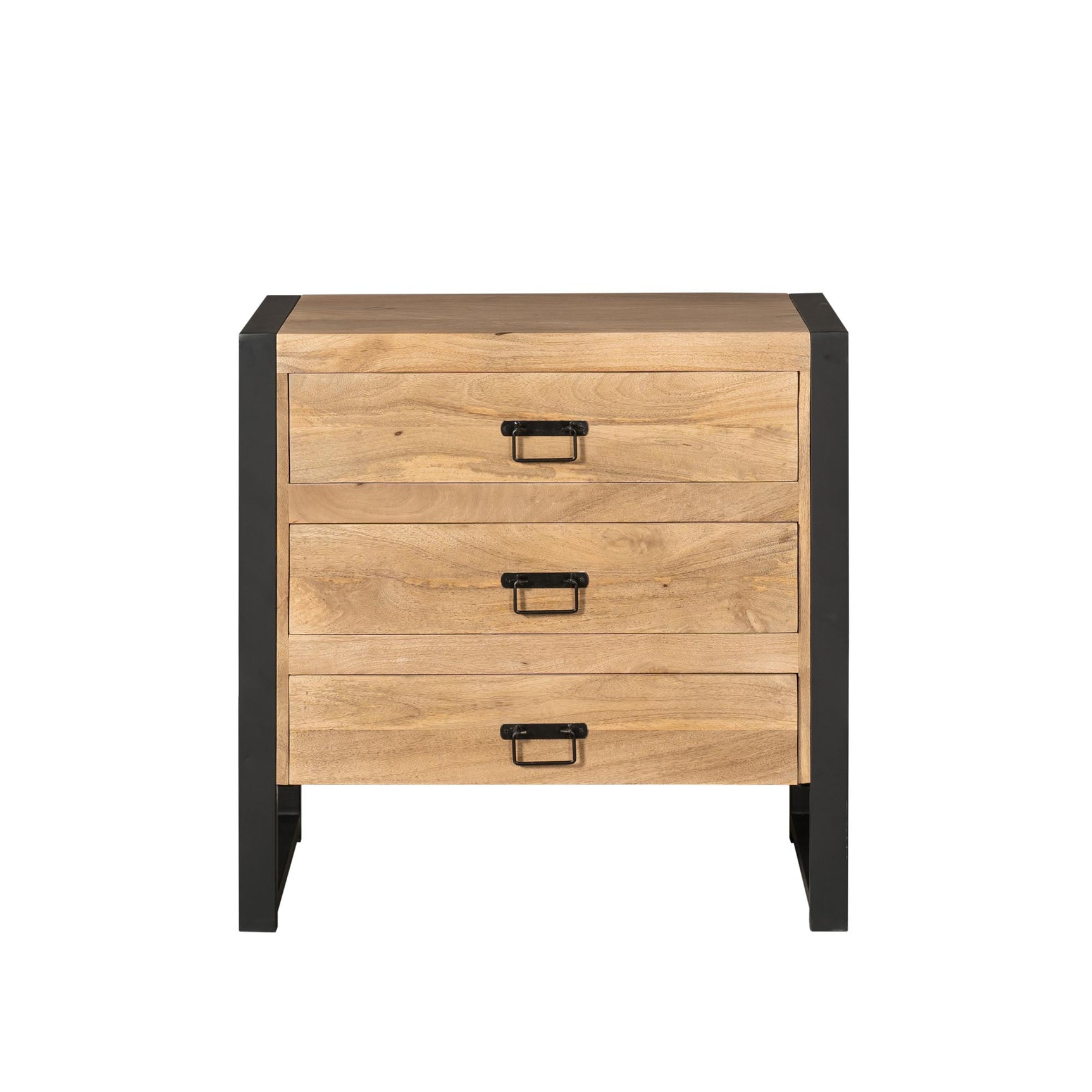 Ladenkast met 3 laden, licht eiken look en zwart metalen frame met ladegrepen.