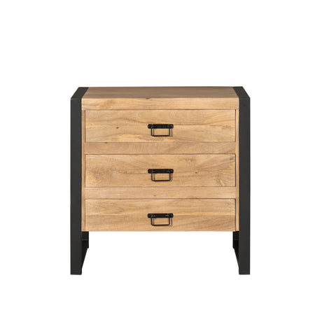 Ladenkast met 3 laden, licht eiken look en zwart metalen frame met ladegrepen.