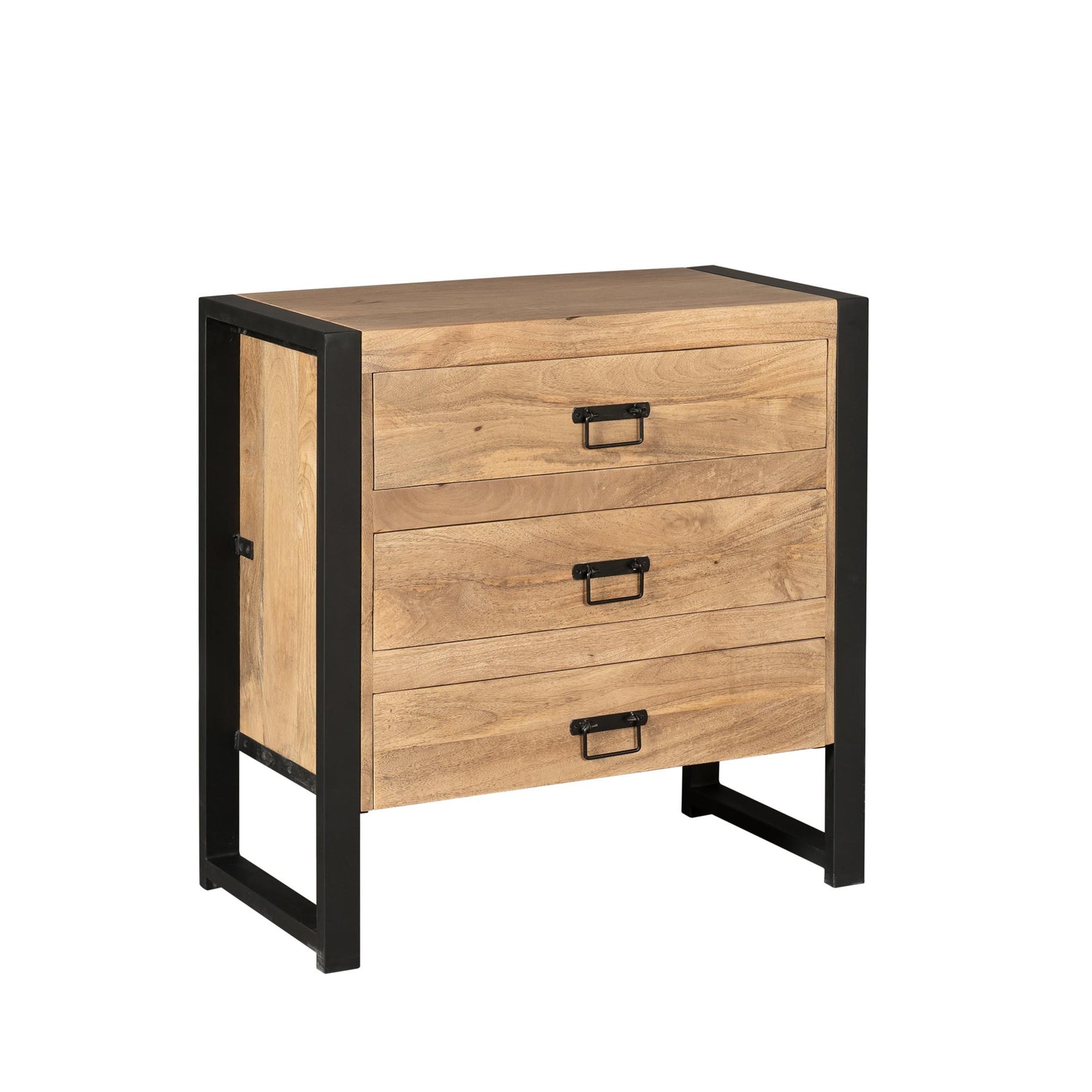 Ladenkast met 3 laden en licht houtnerf, zijpaneel en zwart metalen frame.