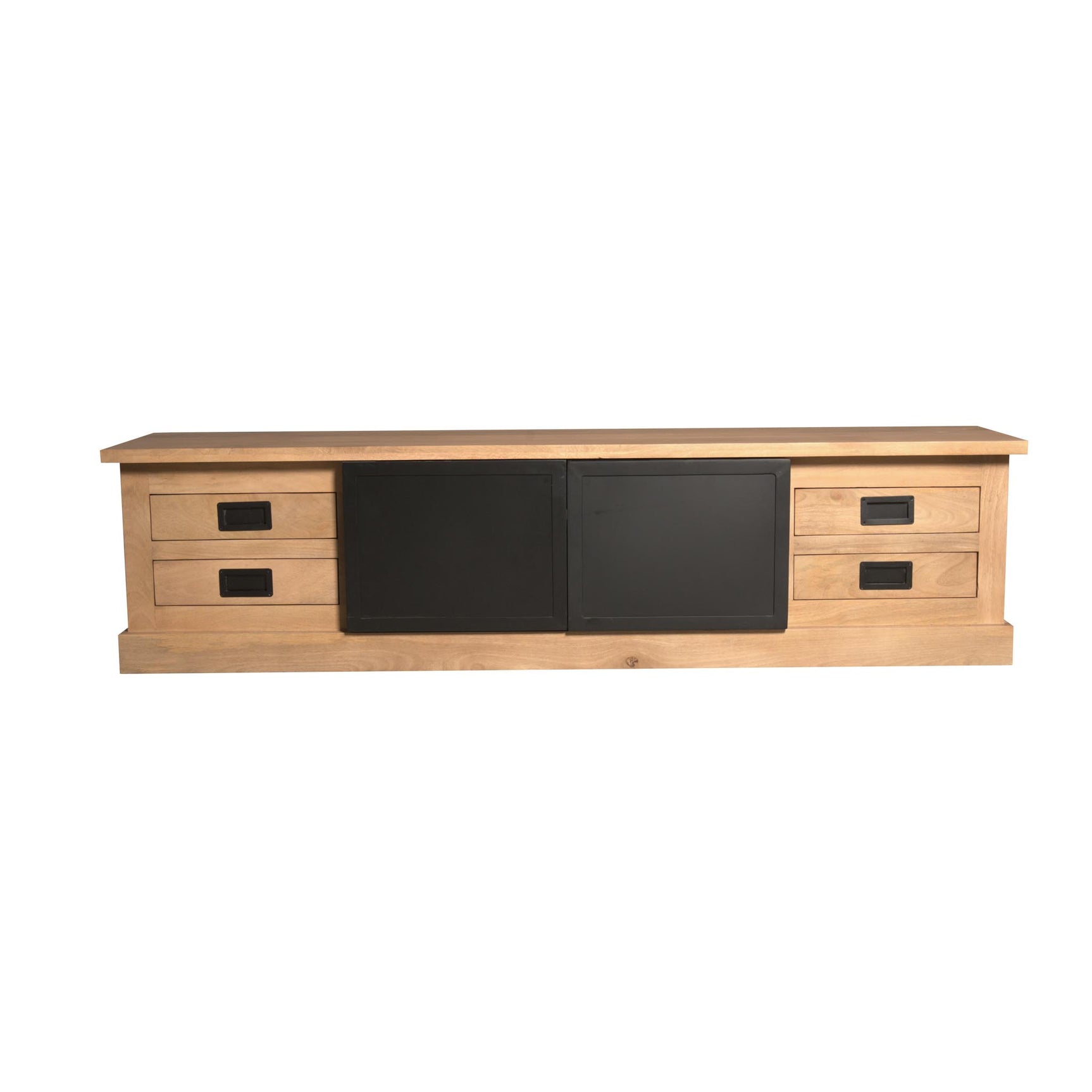 Houten tv-meubel met zwarte middenfront en vier lades met zwarte grepen