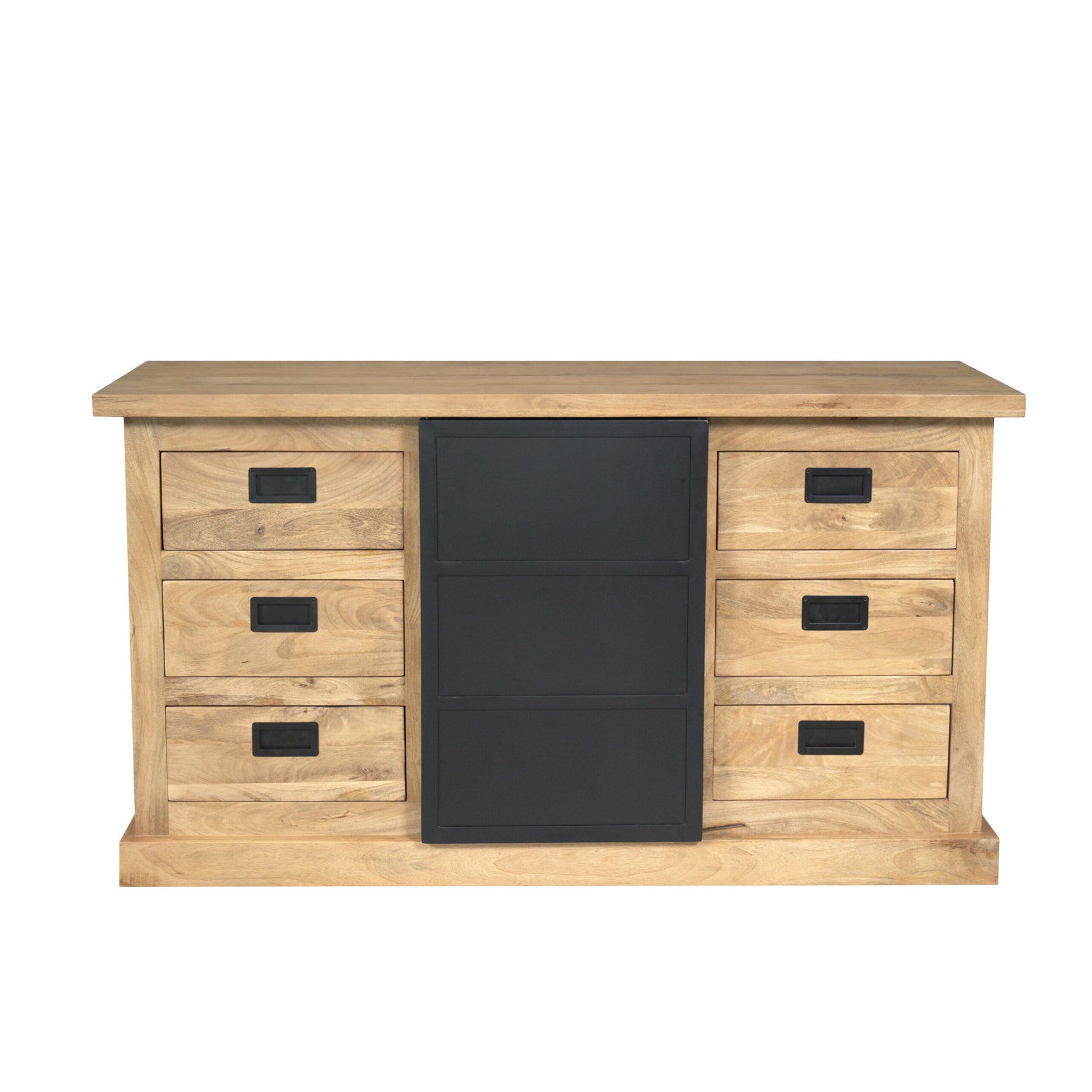 Dressoir in licht eik met zwarte middenkast en 4 laden, 160 cm breed