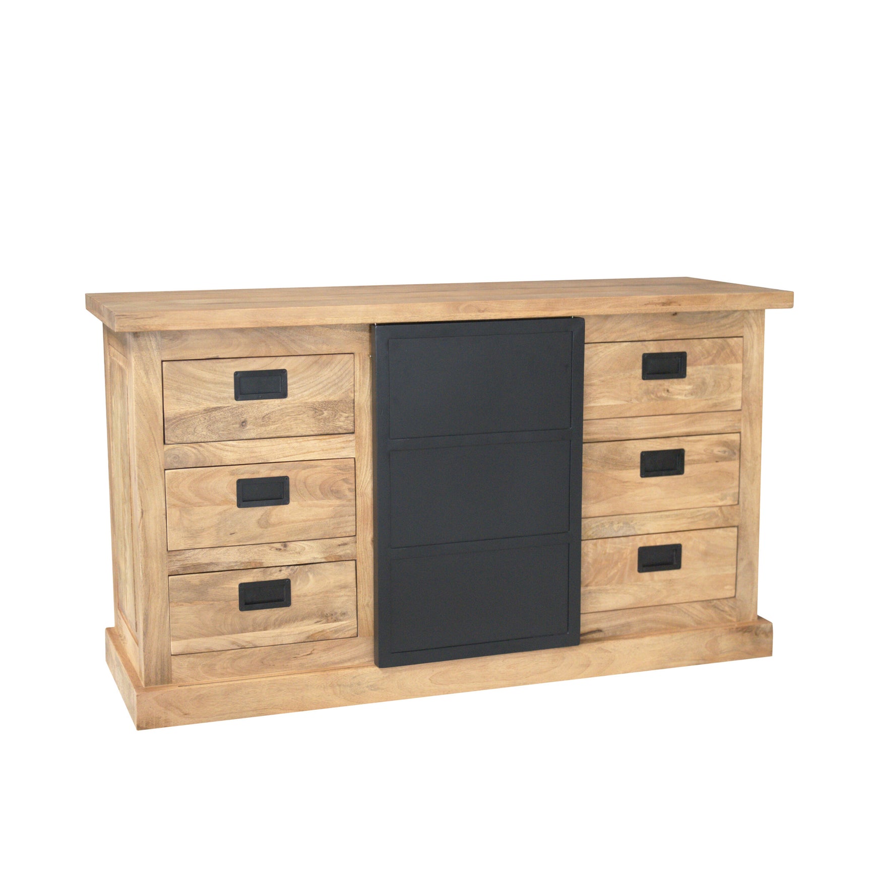 Dressoir met zwarte middenpaneeldeur en vier laden, licht eiken