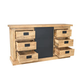 Dressoir met zwarte middenpaneeldeur en open laden links en rechts, licht eik