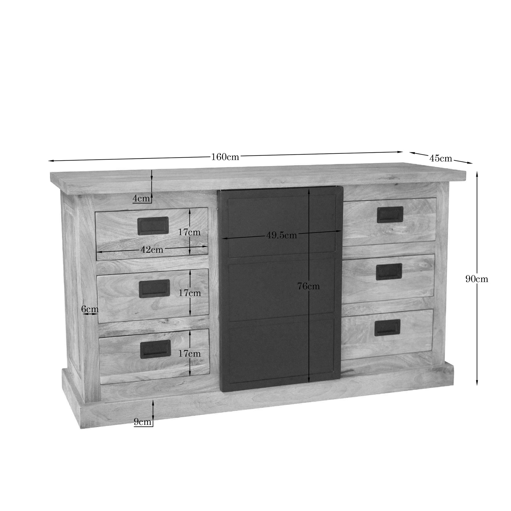 Dressoir afmetingen 160×45×90 cm (b×d×h), licht eik met zwarte deur