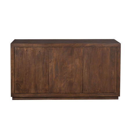 Bruin dressoir met houten bovenblad en drie frontdeuren met houtnerf