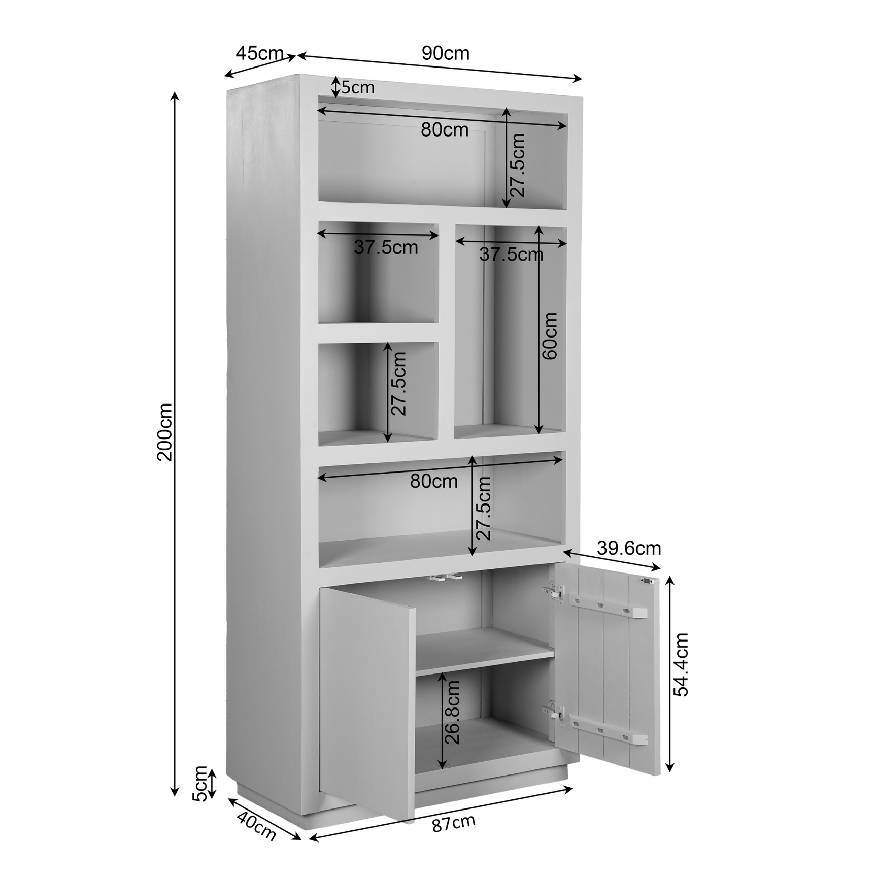 Technische tekening vakkenkast: 200 cm hoog, 90 cm breed, 54,4 cm diep