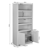 Boekenkast met open planken en openslaande onderkast, 90 cm breed.