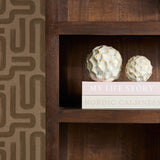 Bruine boekenkast met open vakken en boeken op plank, decoratieve items zichtbaar