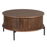 Ronde salontafel met houten lamellen en donkerbruine afwerking, ronde blad en poten