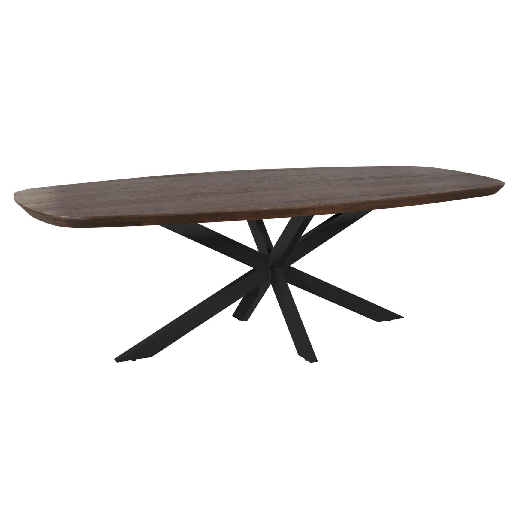 Eettafel met ovale bruine blad en zwarte sterpoot, taps toelopende poten