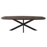 Eettafel met langwerpig ovaal bruin blad en zwarte kruispoot