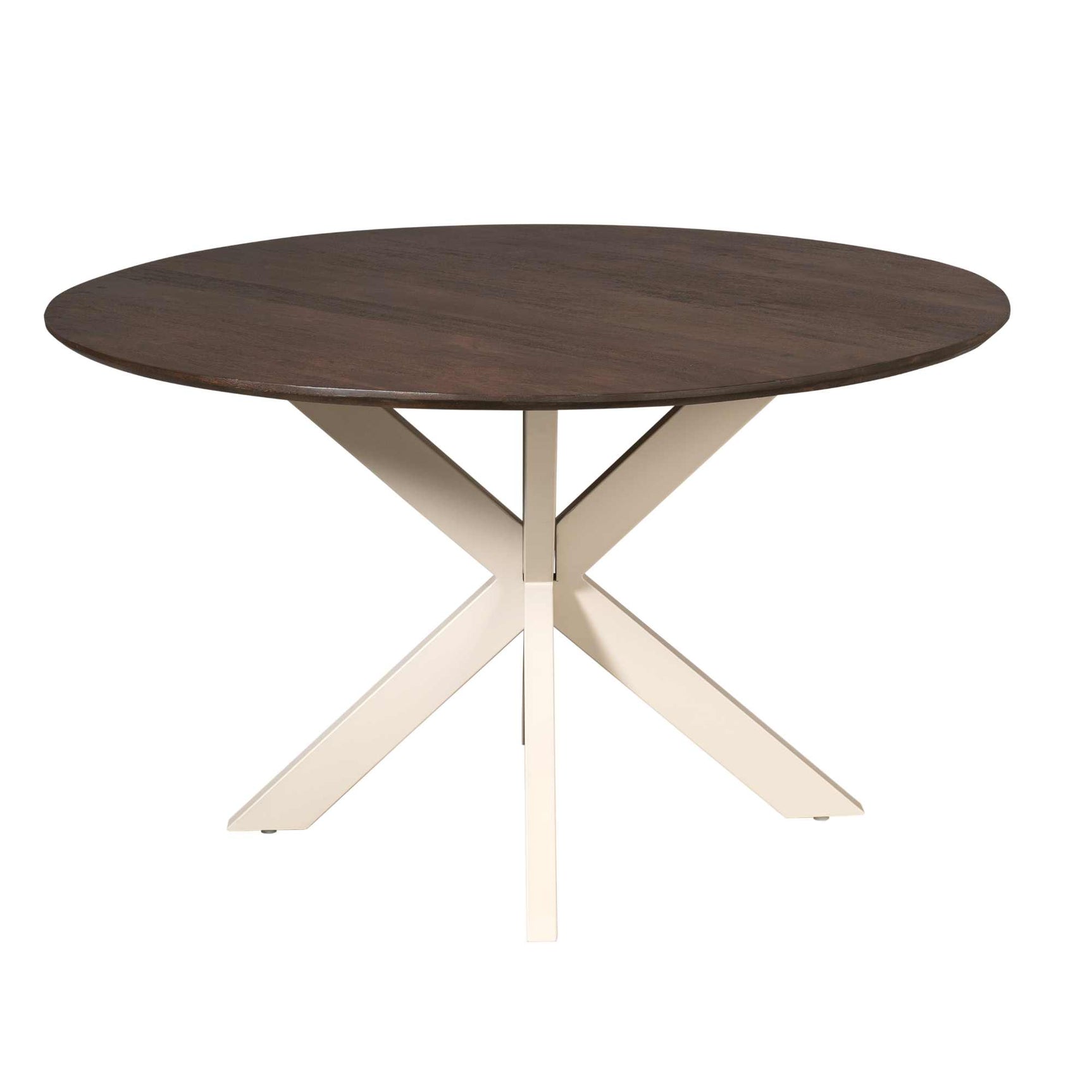 Ronde eettafel met donkerbruin blad en witte X-vormige houten pootconstructie