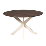 Ronde eettafel met donkerbruin tafelblad en zandkleurige kruisvormige poten