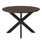 Ronde eettafel met donkerbruin blad en zwarte kruispoten met centrale poot