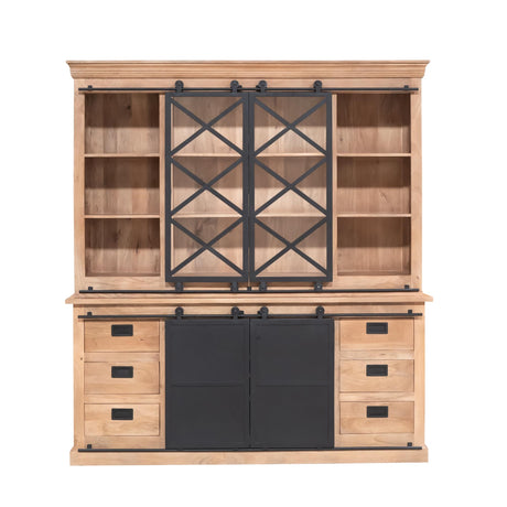 Vitrinekast van licht hout met zwarte middenfrontdeuren en open planken boven