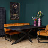 Rechthoekige eettafel met donker blad en zwart metalen X-poten