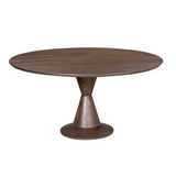 Ronde eettafel met bruin tafelblad en smal toelopende centrale poot