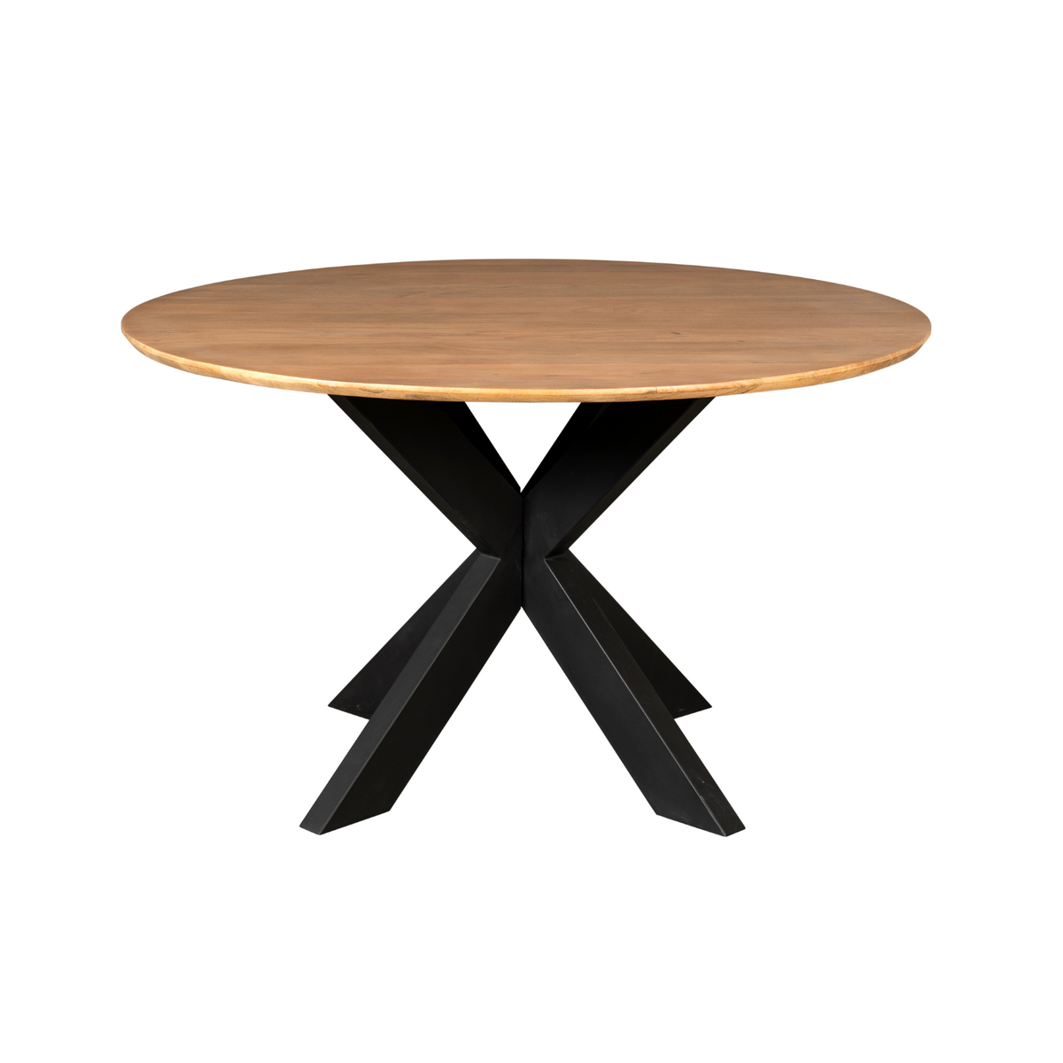 Ronde eettafel met naturel houten blad en zwarte X-vormige poten