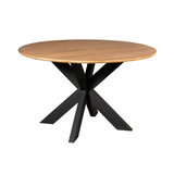 Ronde eettafel met naturel houten blad en zwarte X-poten onderstel