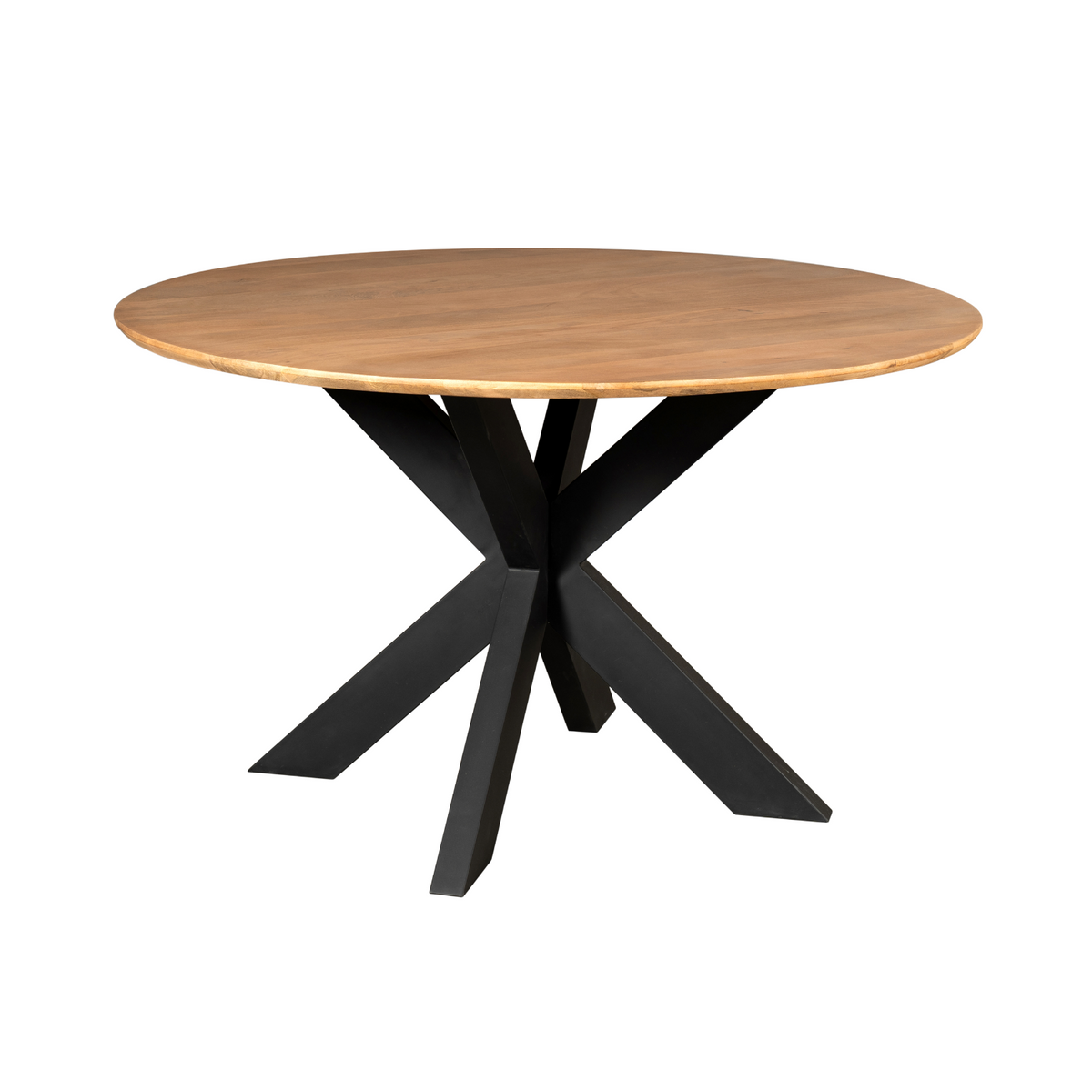 Ronde eettafel met naturel houten blad en zwarte X-poten onderstel