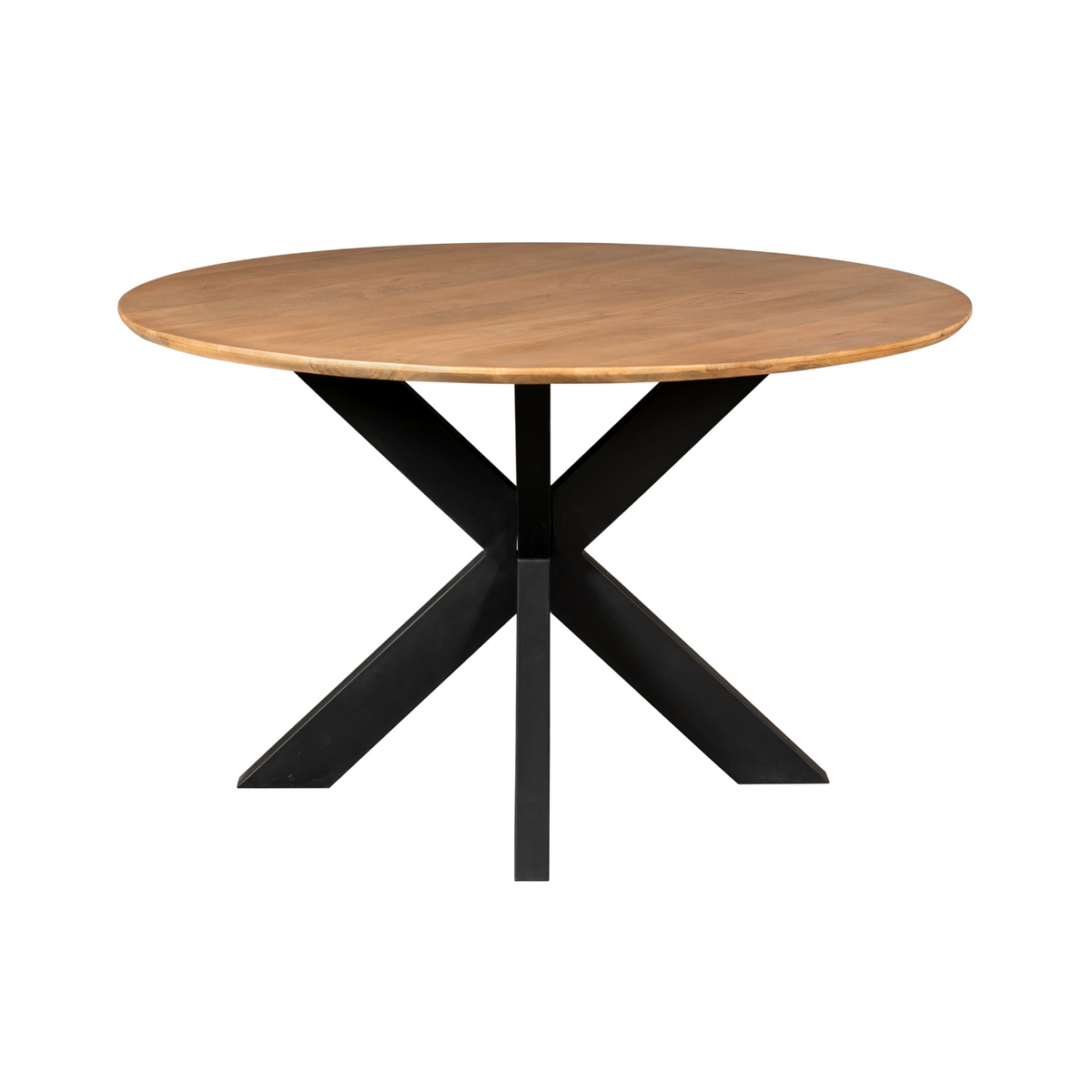 Ronde eettafel met naturel houten blad en zwarte kruispoten met centrale staander