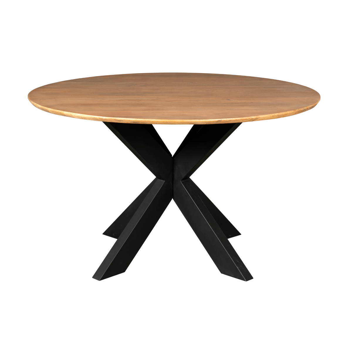 Ronde eettafel met naturel houten blad en zwarte kruisvormige poten