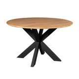 Ronde eettafel met naturel blad en zwarte centrale kruisvoet