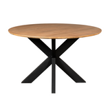 Ronde eettafel met naturel houten blad en zwarte X-poten