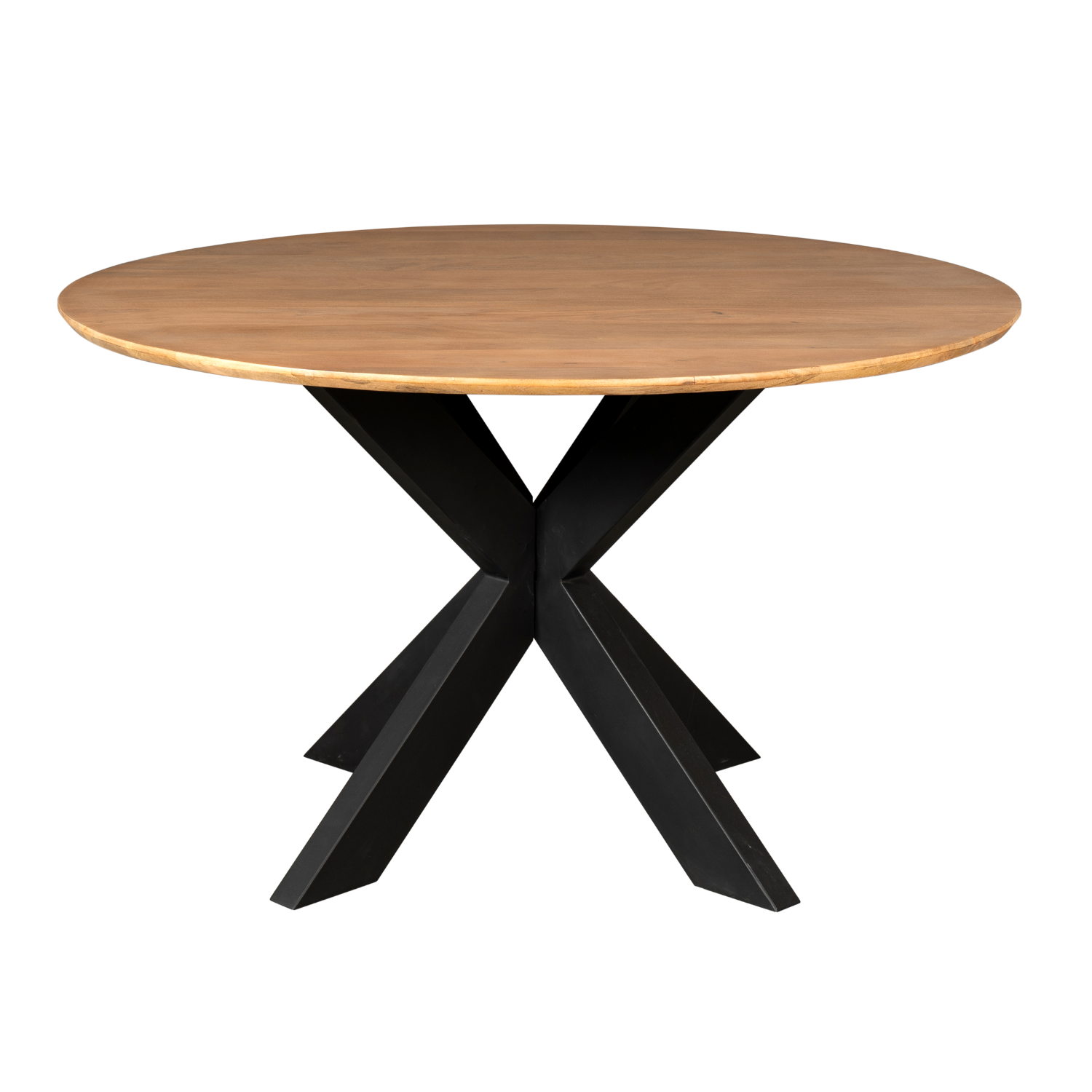 Ronde eettafel met naturel houten blad en zwarte kruispoot onderstel.