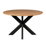 Ronde eettafel met licht houten blad en zwarte pootstructuur met middenstijl