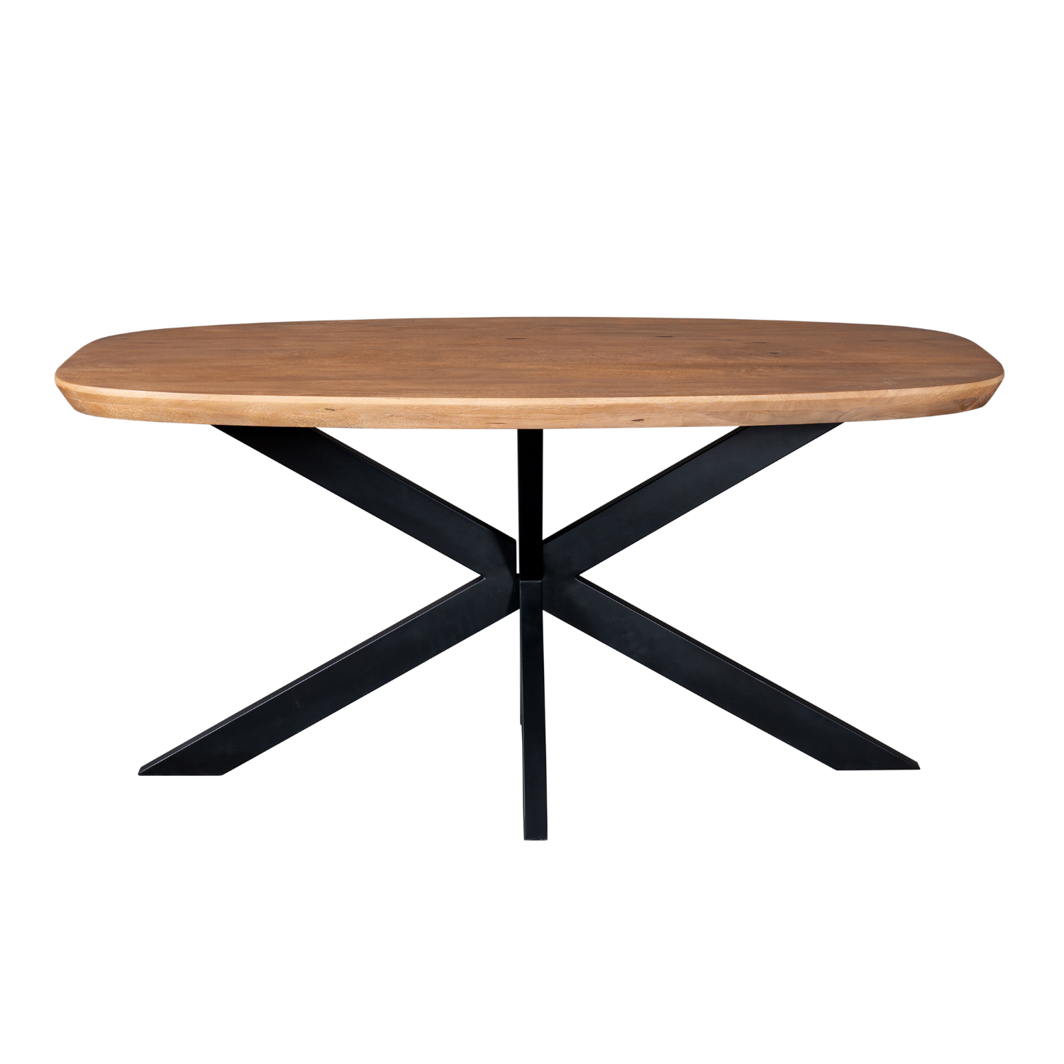 Ovale eettafel met naturel blad en zwarte kruisvormige poten, vooraanzicht.