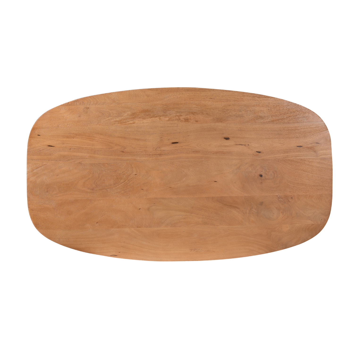 Ovaal houten tafelblad in naturel kleur met zichtbare nerfstructuur.