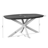 Ovale eettafel met naturel blad en zwart onderstel, zijaanzicht.