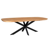 Ovale eettafel met naturel houten blad en zwart kruisvormig metalen onderstel