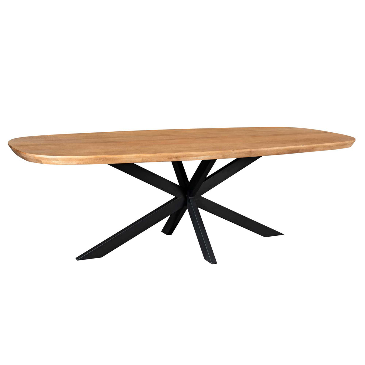Ovale eettafel met naturel houten blad en zwart kruisvormig metalen onderstel