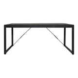 Zwarte eettafel met langwerpig blad en diagonale metalen steun onder het frame.