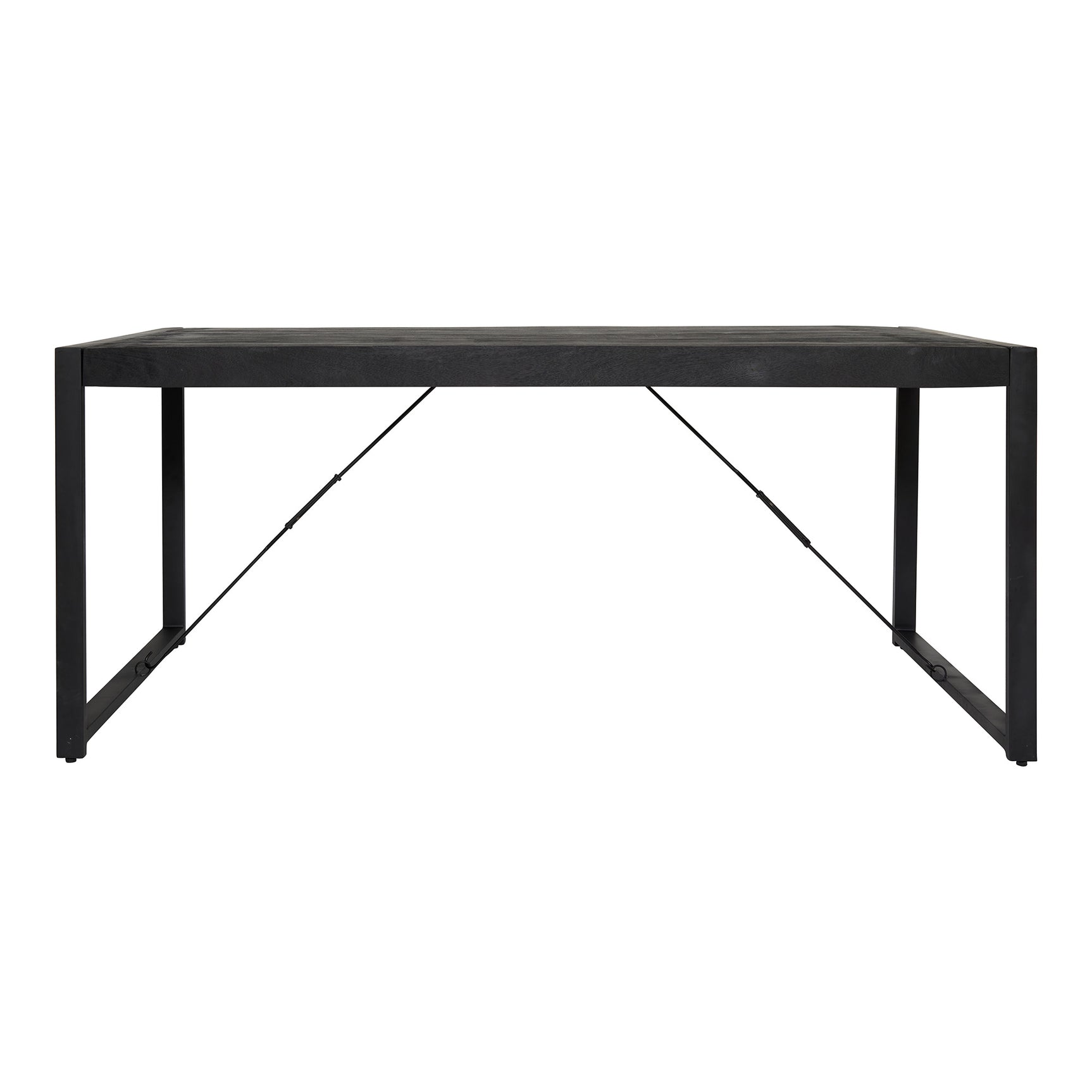 Zwarte eettafel met langwerpig blad en diagonale metalen steun onder het frame.