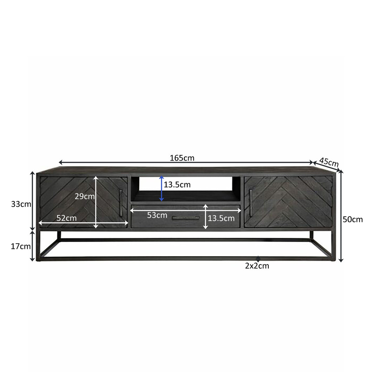 Tv-meubelafmetingen: 165×50×45 cm, frontaanzicht
